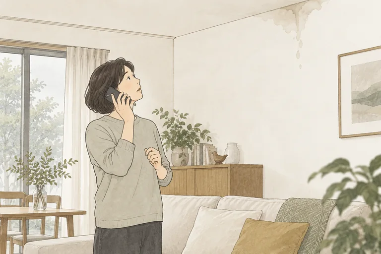 雨漏りの状況を電話で相談するお客様のイラスト