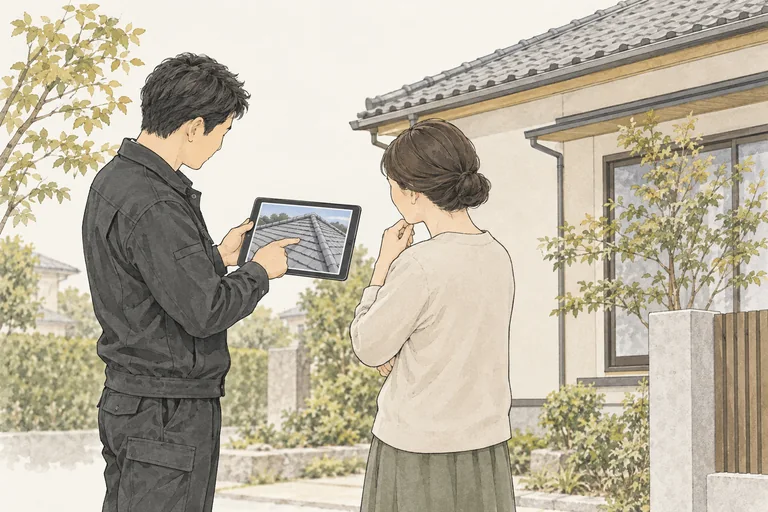 現地で撮影した屋根の写真をお客様に説明するイラスト