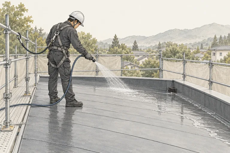 足場を設けた屋根で散水調査を行うイラスト