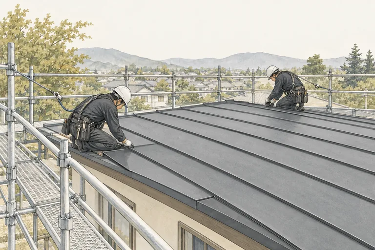 足場を設けて屋根の工事を行う職人のイラスト