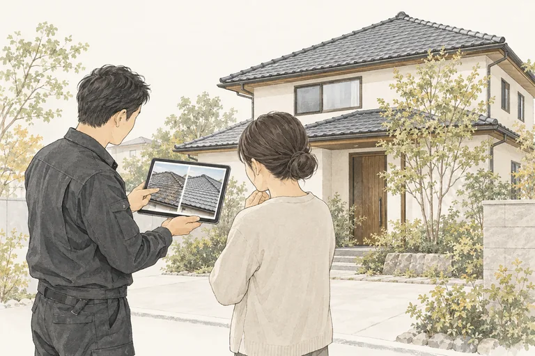 工事後の写真を見ながら仕上がりを報告するイラスト